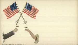 Flags Hands Toasting Champagne c1900 Postcard AMERICA & AMERICA