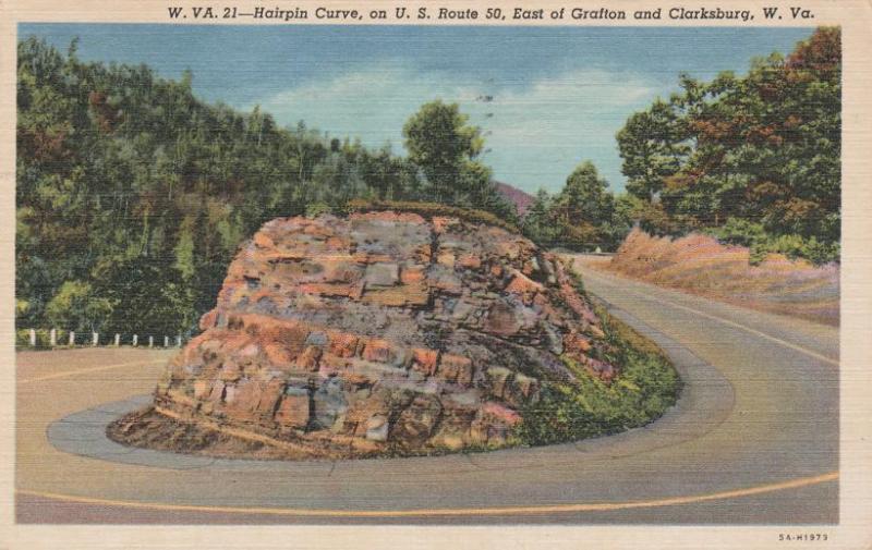 Hairpin Turn on Route 50 near Clarksburg WV, West Virginia - pm 1957 - Linen