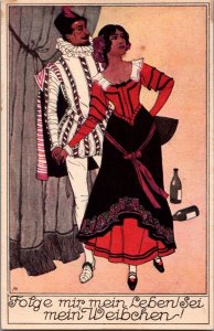 Art Deco Couple Folge Mir Mein Leben! Sei Mein Weibchen! Vintage Postcard C046
