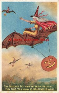 329609-Halloween, Anglo-American No 876/2, Witches Riding Bats Carrying JOLs