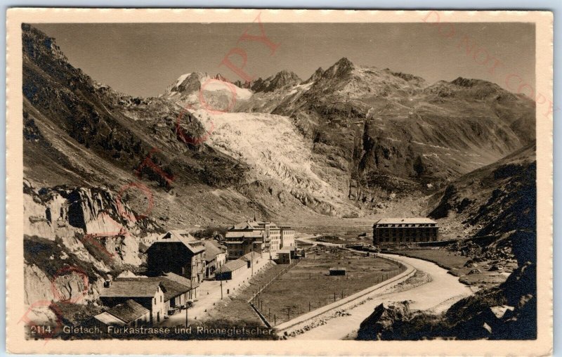 c1910s Gletsch, Switzerland Town Birds Eye RPPC Rhones Glacier Photo German A150