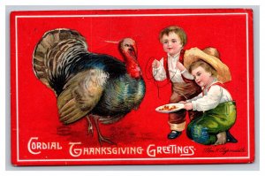 Vintage 1909 Holiday Postcard Ellen Clapsaddle Thanksgiving Turkey Two Children