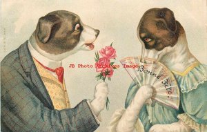 Bonne Fete, Anthropomorphic Dressed Dogs with Flowers and Fan