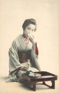 Hand Colored Postcard Japanese Woman In Kimono Drinking Sake