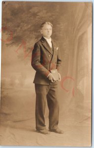 c1910s Handsome Young Man Holding Bible RPPC Christian Boy Real Photo PC A140