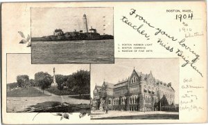 Multi Views of Boston MA Lighthouse, Commons, Museum c1904 Vintage Postcard D61