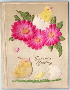 c1910s Easter Greetings Cute Egg Hatch Baby Chick Chicken Cloth Fuzz Emboss A224