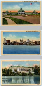 3 Postcards BUFFALO, NY ~ Skyline CONSERVATORY Historical Building & Lake 1930s