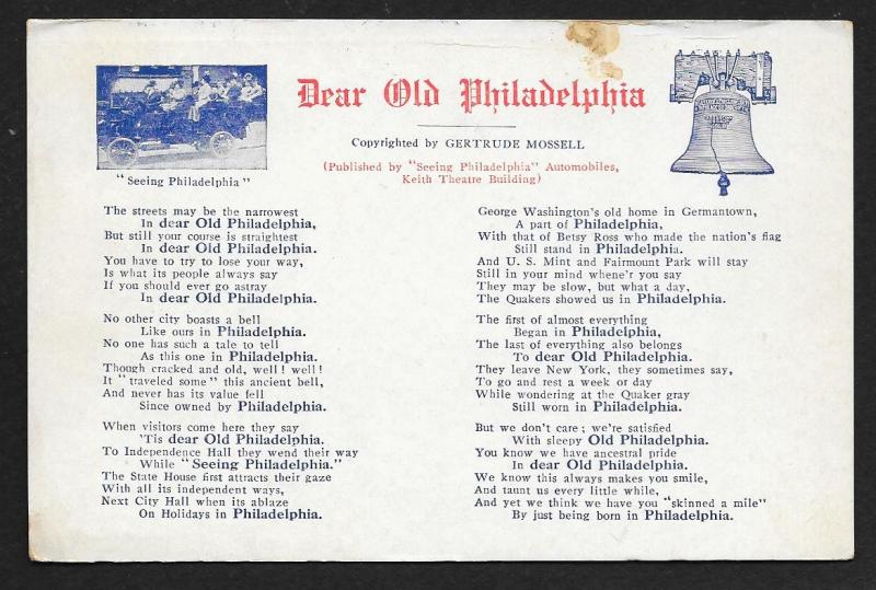 Words to Poem 'Dear Old Philadelphia' Pennsylvania Unused c1910s