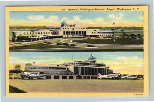 Washington DC National Airport, Terminal Tower, Tarmac Airplanes, Linen Postcard