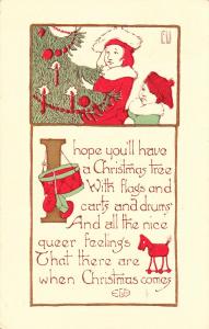 Christmas Card with Boy and Girl and Tree,