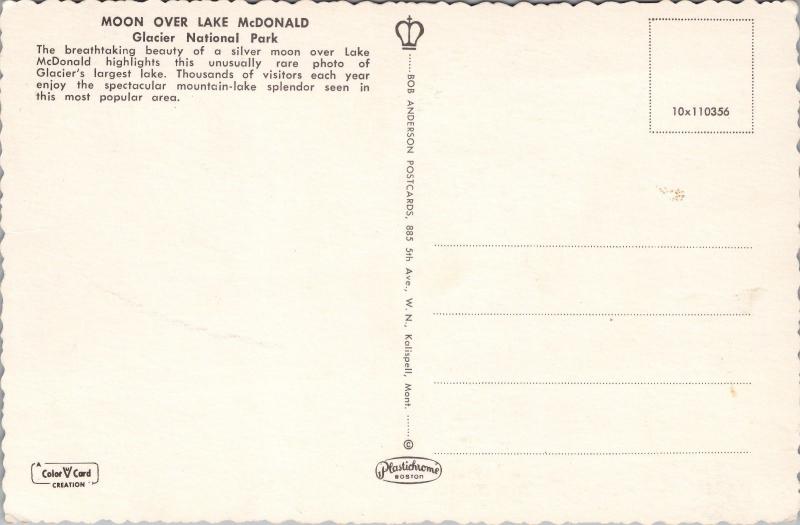 Moon Over Lake McDonald Glacier National Park Montana MT Unused Postcard D49