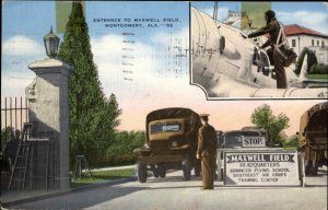 Montgomery AL Maxwell Field Entrance WWII Truck & Airplane Linen Postcard