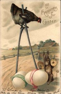 Easter Chicken Walking Stilts Eggs Bunny Rabbit Embossed c1900s-10s Postcard