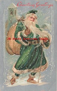 Christmas, Tuck No 136, Green Robe Santa Using Cane with Bag of Gifts