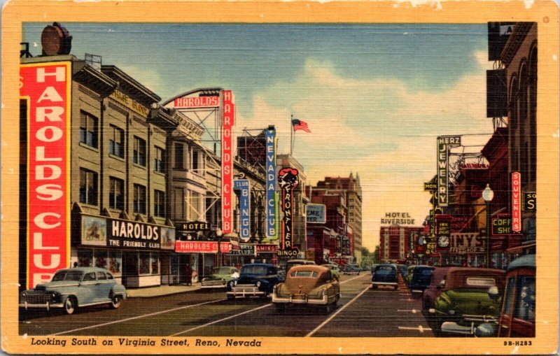 Linen Postcard Looking South on Virginia Street in Reno, Nevada