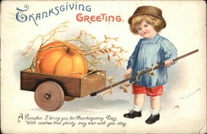 Clapsaddle Thanksgiving Little Boy Pumpkin in Wagon Int'l Art c1910 Postcard