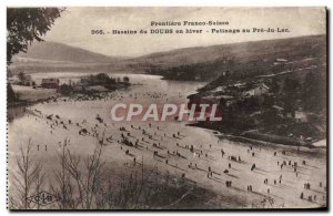 Old Postcard Frontiere Franco Suisse Du Doubs Basins in winter skating at Pre...