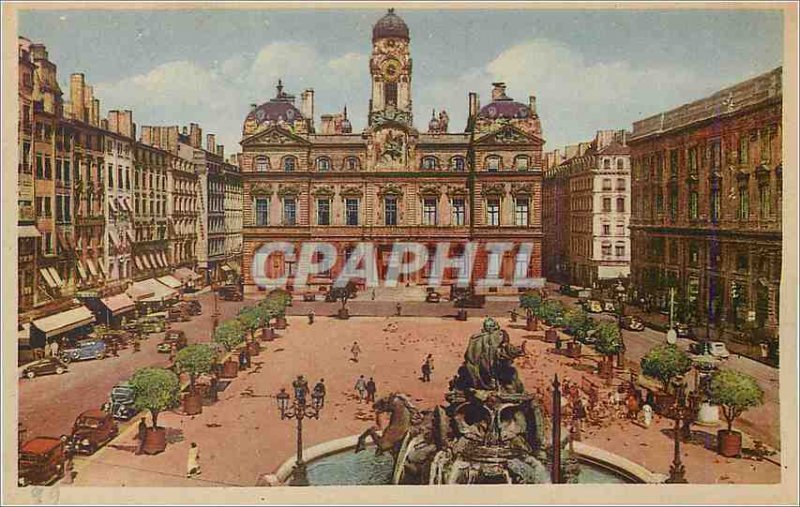 Old Postcard Lyon Place Bellecour The Hotel de Ville and Bartholdi Fountain