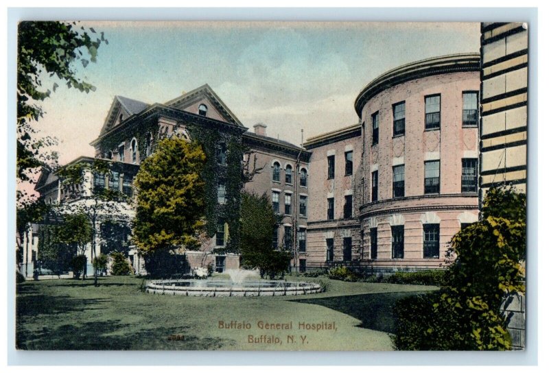 Buffalo General Hospital Building Fountain Buffalo NY Handcolored Postcard 