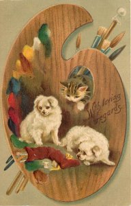 Embossed Postcard 212 Artist's Palette Tabby Cat & 2 White Dogs, Helena Maguire