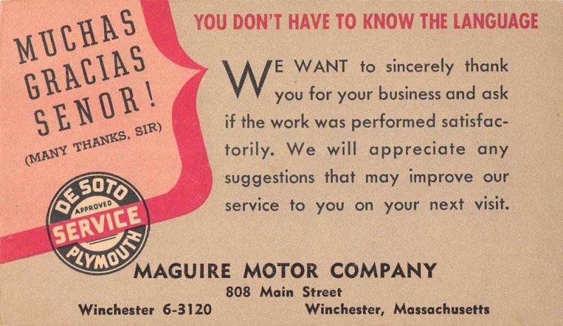 Winchester Massachusetts Maguire Motor Co Spanish Advertising Postcard JJ649343