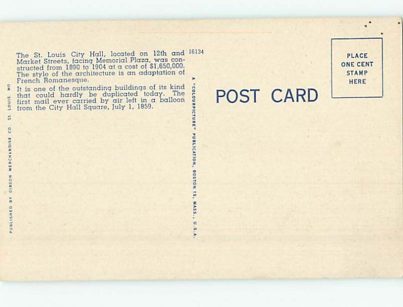 Unused Linen CITY HALL SCENE St. Louis Missouri MO hs5885