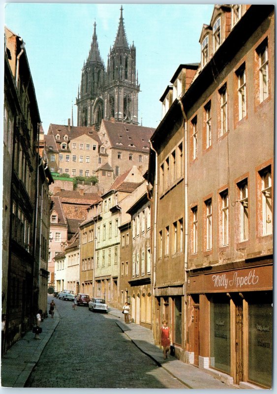 c1970s Meissen Germany Old Town Church Tower Busy Street Woman Chrome 4x6 PC M20