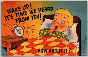 1950s Cute Baby Wakes Up Wake Up! It's Time We Heard From You! Posted Postcard