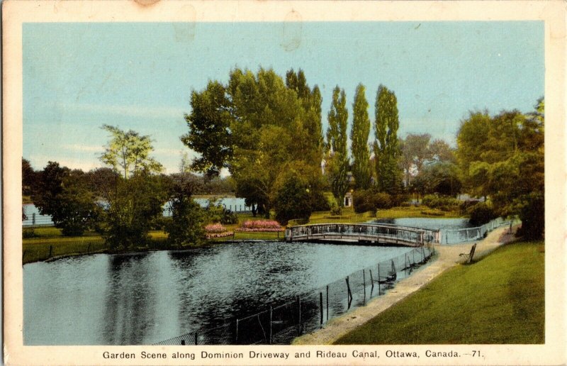 Garden Scene Domion Driveway Rideau Canal Ottawa Canada Postcard Vintage Vtg 