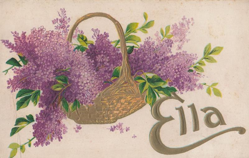 A Name Called Ella Basket Raised Flowers Old Greetings Postcard