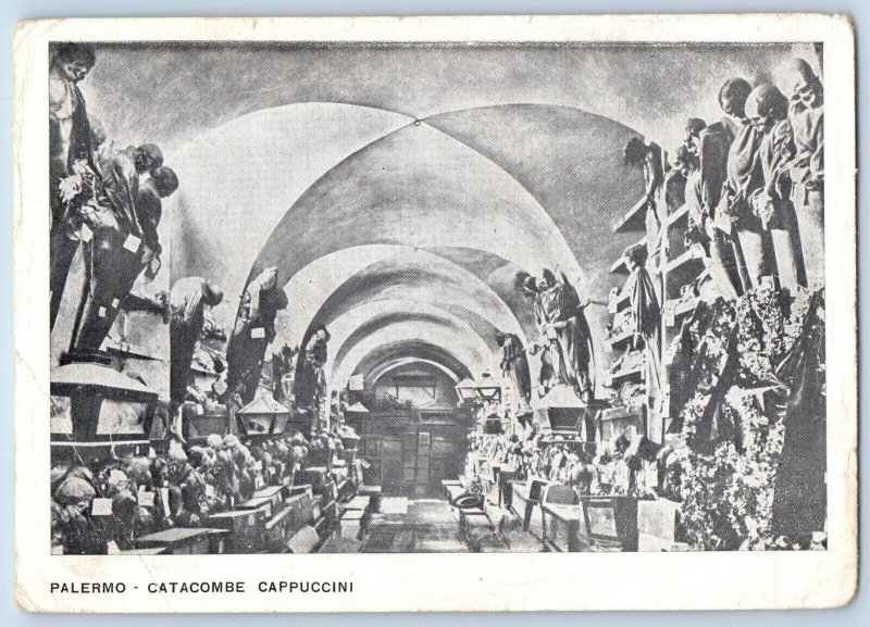 Sicily Italy Postcard Room with Skeletons Catacombe Cappucini Palermo c1940's