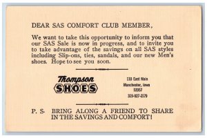 Manchester IA Postal Card Dear SAS Comfort Club Member Thompson Shoes c1930's
