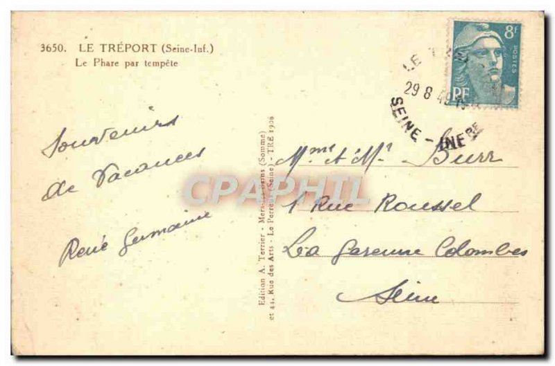 Old Postcard Treport Lighthouse by storm