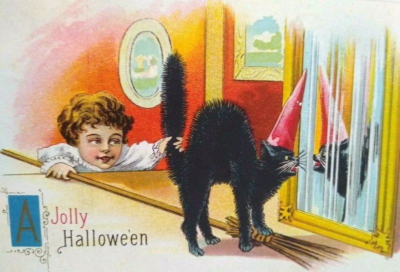 Halloween Postcard Child Grabs Black Cat By Tail 1914 Barton Spooner Series 619