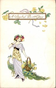 Birthday Postcard Well Dressed Woman w/ Peacock, Holding Basket of Yellow Roses
