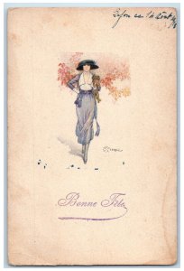 Happy New Year Bonne Fete Pretty Woman With Puppy Dog Terzi Italy Postcard