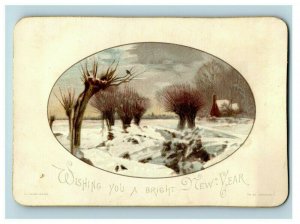 1880s Victorian New Year's Card Winter Scene Cabin Snow P216