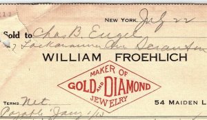 1912 WILLIAM FROEHLICH NEW YORK GOLD DIAMOND JEWELRY BILLHEAD INVOICE Z2279