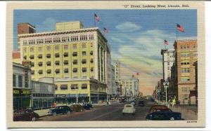 O Street Scene Cars Lincoln Nebraska linen postcard