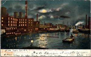 Illinois Chicago River Front By Night 1906