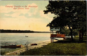 Camping on the Mississippi River Near Clinton IA c1908 Vintage Postcard B71