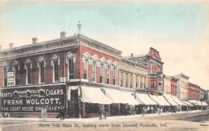 Rushville Indiana Main Street North Side Druggist Cigars Sign Postcard AA65075