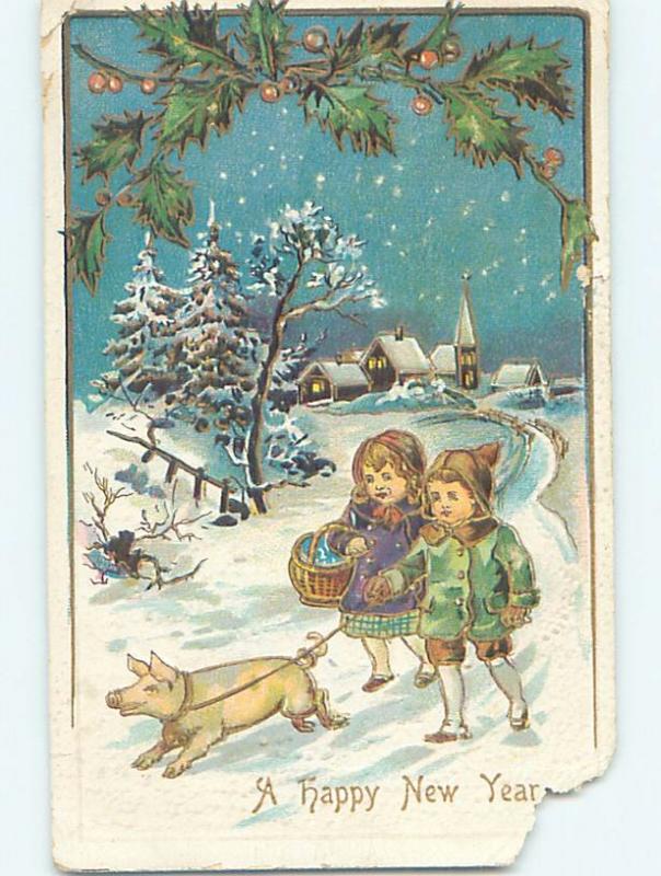 Pre-Linen new year GIRL AND BOY WALKING PET PIGLET PIG ON LEASH HL1293
