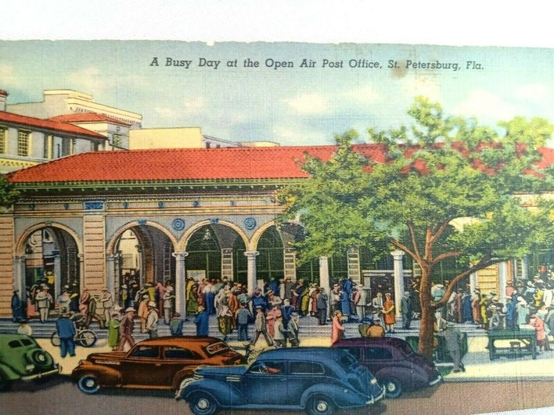 Vintage Postcard A busy Day at the Open Air Post Office St. Petersburg FL