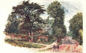 Vintage Postcard Roadway Village Residence Trees and Men Walking in the Street