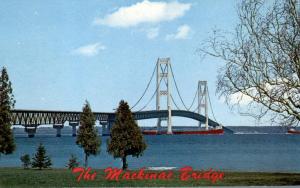 Freighters passing under Mackinac Straits Bridge MI, Michigan