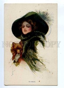 245343 Lady w/ SPITZ Dog to Walk by FISHER Vintage Finland PC 