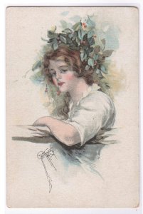 Beautiful Lady artist signed Court Barber postcard