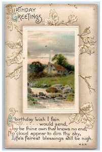 Birthday Greetings Postcard Message River Scene House Winsch Back Embossed